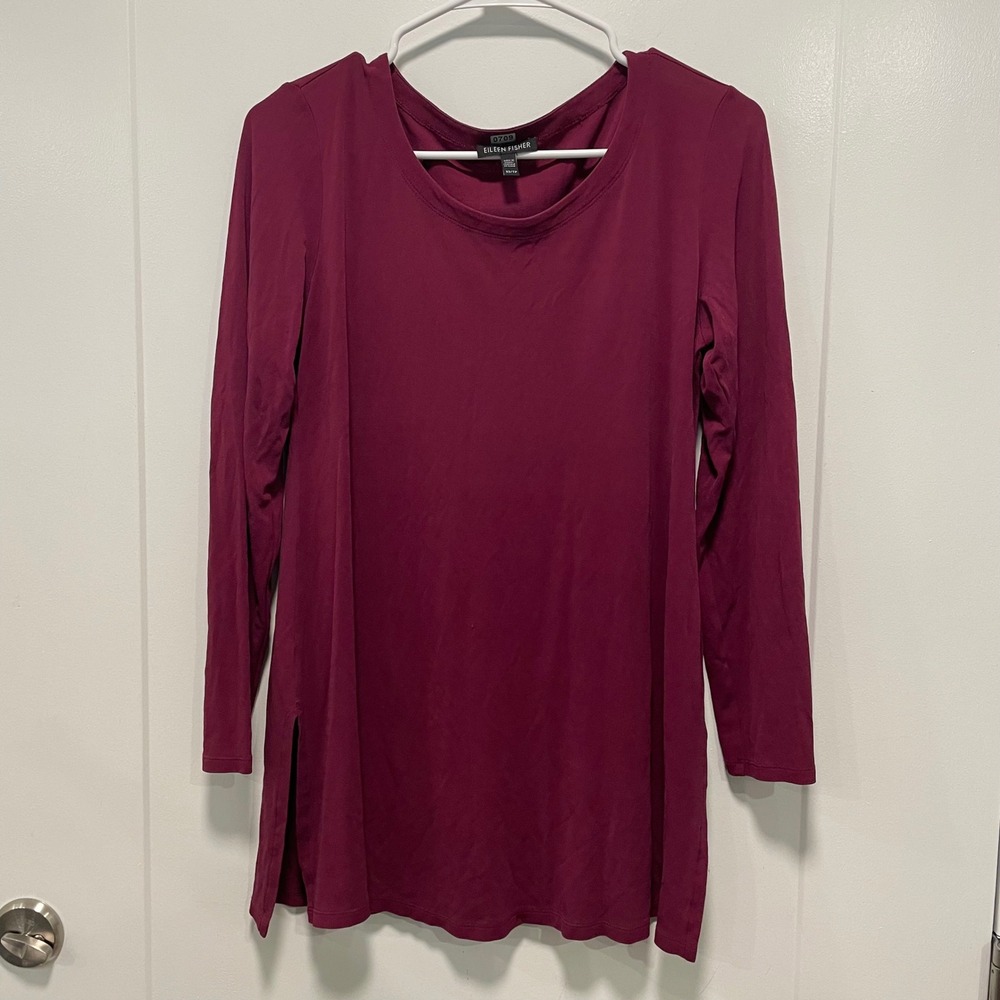 Eileen Fisher Womens Plum 100% Silk Long Sleeve Scoop Neck Tunic Top XS‎ TP